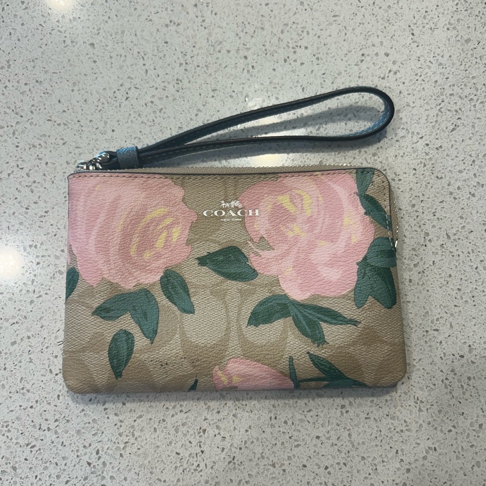 Coach Floral Camo Wristlet in Tan and Pink